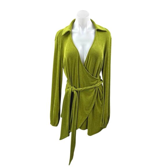 Princess Polly Dresses & Skirts - Princess Polly Green Long Sleeve Collared Deep V Neck Wrap Mini Dress Size 2